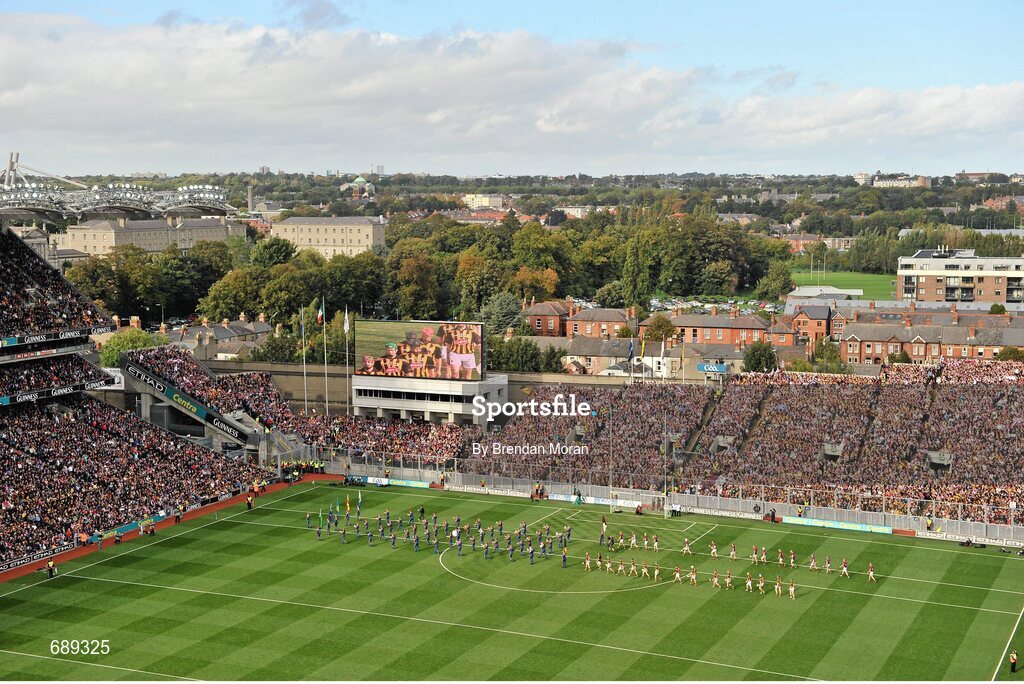 30 September 2012; The Kilkenny and Galway teams march behind the Artane Band in front of Hill 16 during the pre-match parade. GAA Hurling All-Ireland Senior Championship Final Replay, Kilkenny v Galway, Croke Park, Dublin. Picture credit: Brendan Moran / SPORTSFILE