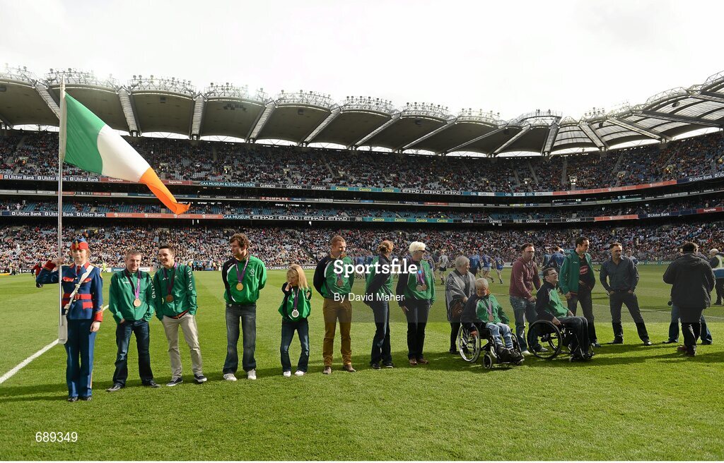 30 September 2012; Members of Team Ireland Paralympic team and members Team Ireland Olympic team, parade their medals which they won at the London 2012 Paralympic and Olympic Games. GAA Hurling All-Ireland Senior Championship Final Replay, Kilkenny v Galway, Croke Park, Dublin. Picture credit: David Maher / SPORTSFILE
