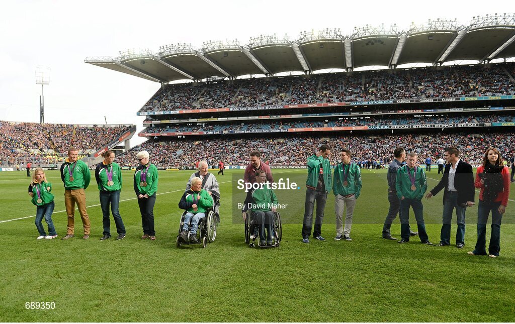 30 September 2012; Members of Team Ireland Paralympic team and members Team Ireland Olympic team parade their medals which they won at the London 2012 Paralympic and Olympic Games. GAA Hurling All-Ireland Senior Championship Final Replay, Kilkenny v Galway, Croke Park, Dublin. Picture credit: David Maher / SPORTSFILE