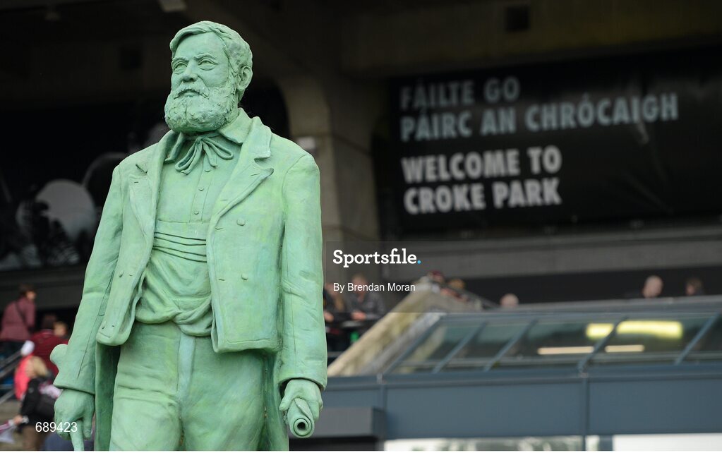 30 September 2012; A statue of Michael Cusack, first General Secretary of the GAA, stands outside the Cusack Stand as supporters arrive before the game. GAA Hurling All-Ireland Senior Championship Final Replay, Kilkenny v Galway, Croke Park, Dublin. Picture credit: Brendan Moran / SPORTSFILE