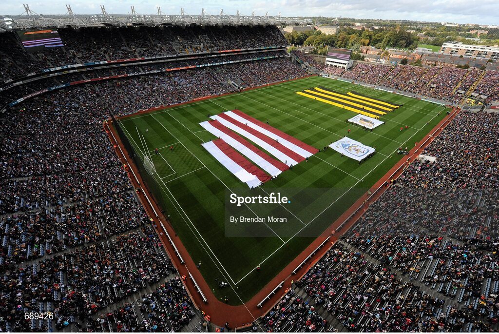 30 September 2012; A large flag depicting the Galway and Kilkenny colours is laid on the pitch before the game. GAA Hurling All-Ireland Senior Championship Final Replay, Kilkenny v Galway, Croke Park, Dublin. Picture credit: Brendan Moran / SPORTSFILE