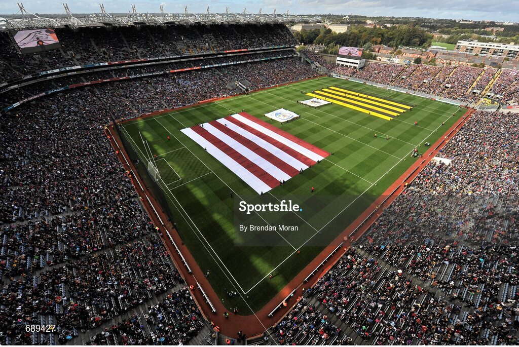 30 September 2012; A large flag depicting the Galway and Kilkenny colours is laid on the pitch before the game. GAA Hurling All-Ireland Senior Championship Final Replay, Kilkenny v Galway, Croke Park, Dublin. Picture credit: Brendan Moran / SPORTSFILE