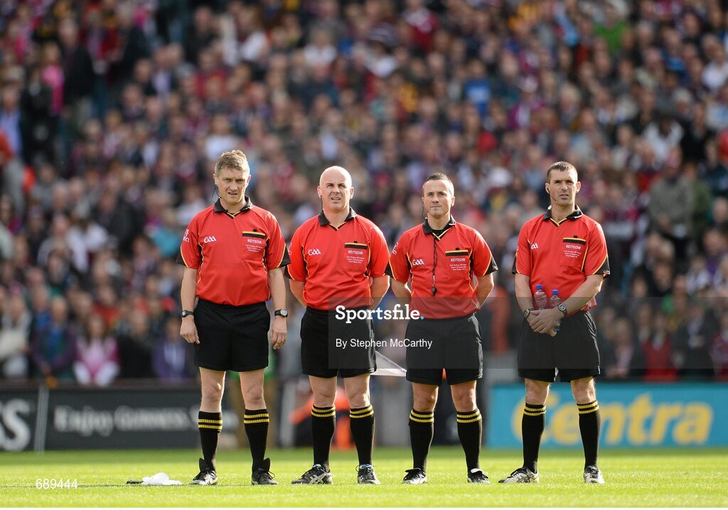 30 September 2012; Match officials, from left, linesmen Barry Kelly and John Sexton, referee James McGrath and sideline official James Owens during the National Anthem. GAA Hurling All-Ireland Senior Championship Final Replay, Kilkenny v Galway, Croke Park, Dublin. Picture credit: Stephen McCarthy / SPORTSFILE