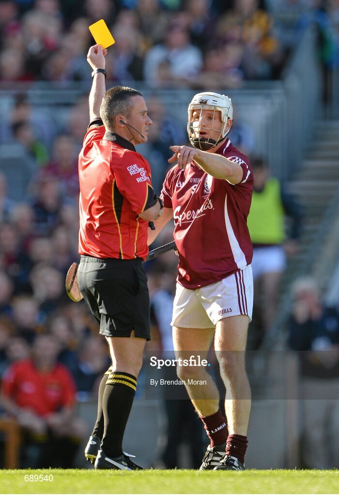 30 September 2012; Andrew Smith, Galway, is shown a yellow card by referee James McGrath. GAA Hurling All-Ireland Senior Championship Final Replay, Kilkenny v Galway, Croke Park, Dublin. Picture credit: Brendan Moran / SPORTSFILE
