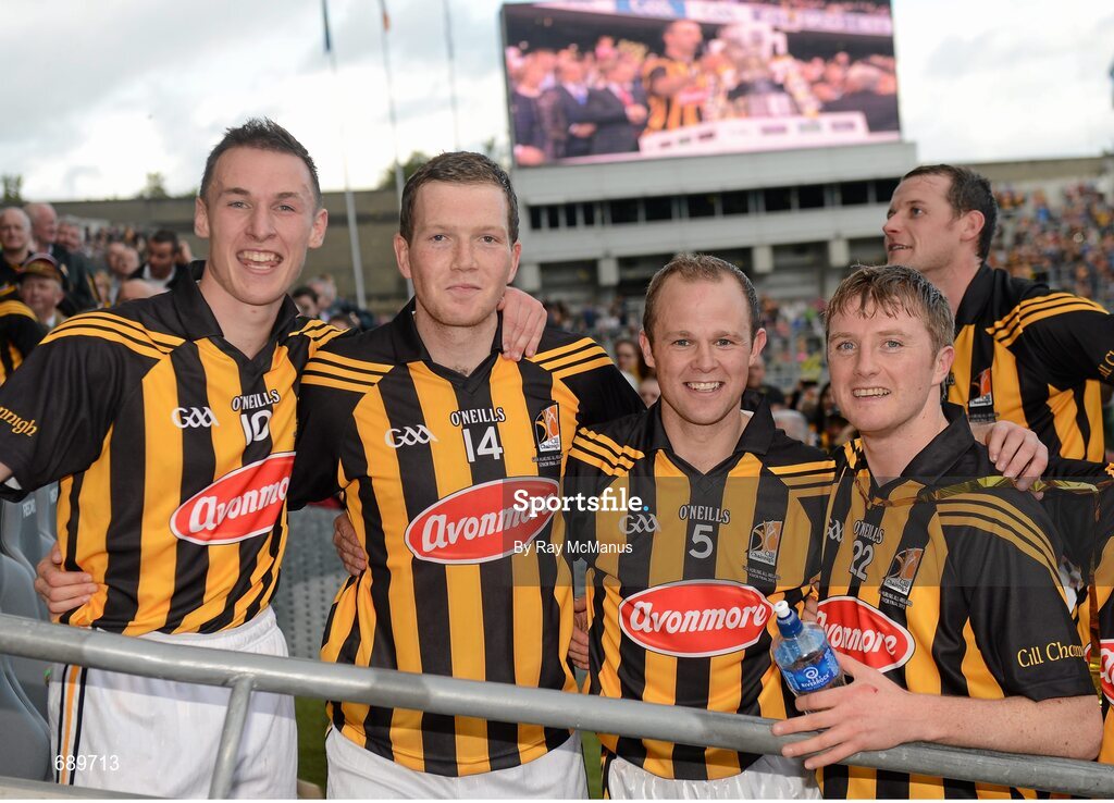 30 September 2012; Kilkenny players, from left, Cillian Buckley, Walter Walsh, Tommy Walsh and Aidan Fogarty await to collect the cup following their victory. GAA Hurling All-Ireland Senior Championship Final Replay, Kilkenny v Galway, Croke Park, Dublin. Picture credit: Ray McManus / SPORTSFILE
