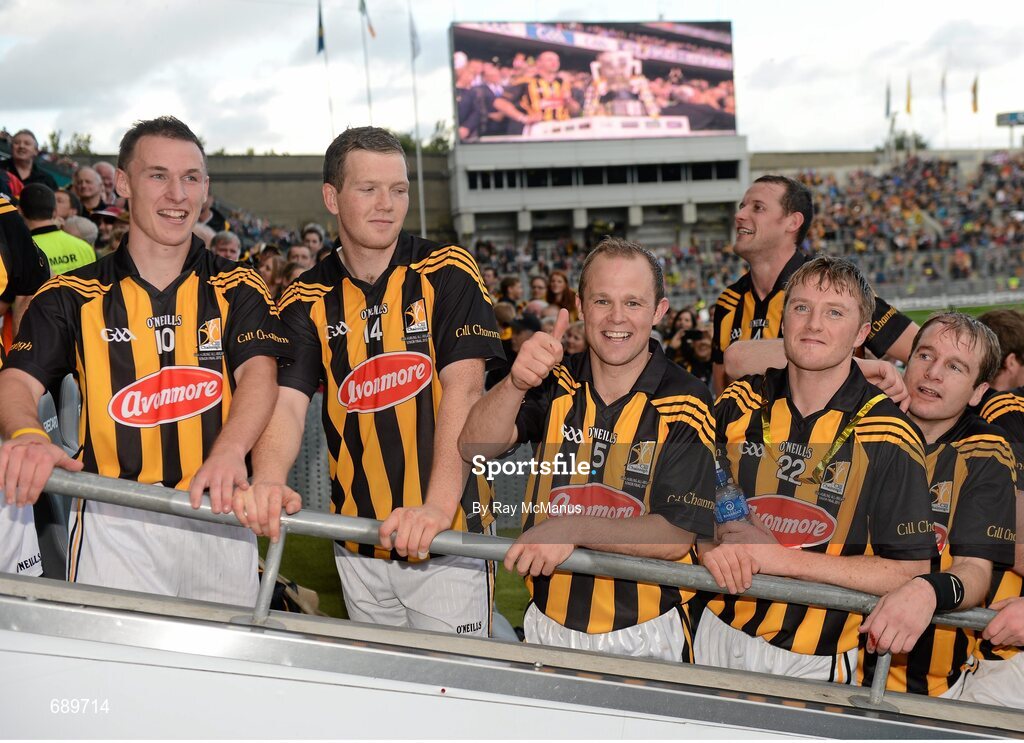 30 September 2012; Kilkenny players, from left, Cillian Buckley, Walter Walsh, Tommy Walsh, Aidan Fogarty and JJ Delaney await to collect the cup following their victory. GAA Hurling All-Ireland Senior Championship Final Replay, Kilkenny v Galway, Croke Park, Dublin. Picture credit: Ray McManus / SPORTSFILE