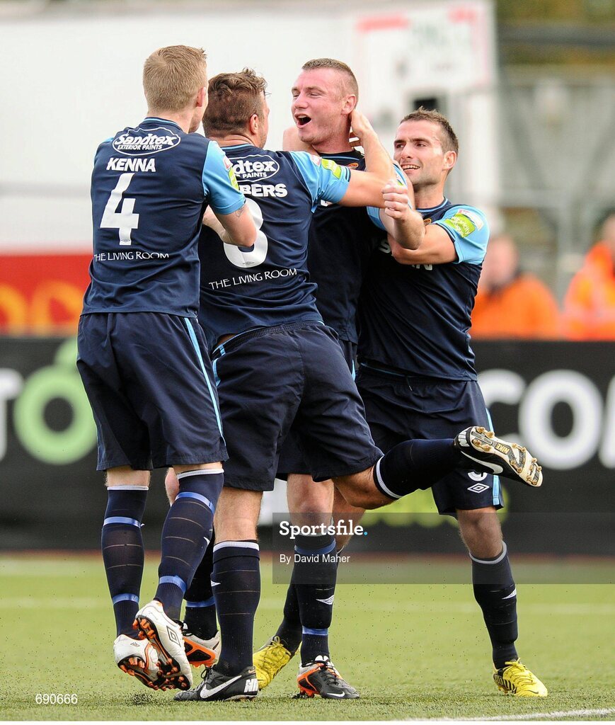 7 October 2012; Kenny Browne, second from right, St.Patrick's Athletic, celebrates after scoring his side's first goal with team-mates, from left to right, Conor Kenna, James Chambers and Christy Fagan. FAI Ford Cup semi-final, Dundalk v St Patrick’s Athletic, Oriel Park, Dundalk, Co. Louth.Picture credit: David Maher / SPORTSFILE