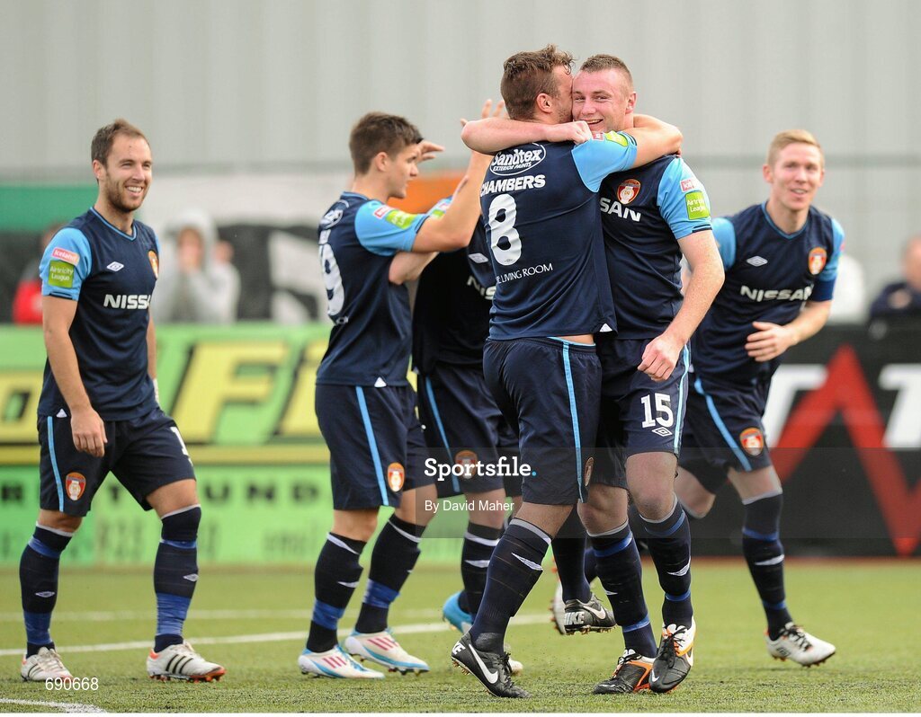7 October 2012; Kenny Browne, right, St.Patrick's Athletic, celebrates after scoring his side's first goal with team-mate James Chambers. FAI Ford Cup semi-final, Dundalk v St Patrick’s Athletic, Oriel Park, Dundalk, Co. Louth.Picture credit: David Maher / SPORTSFILE