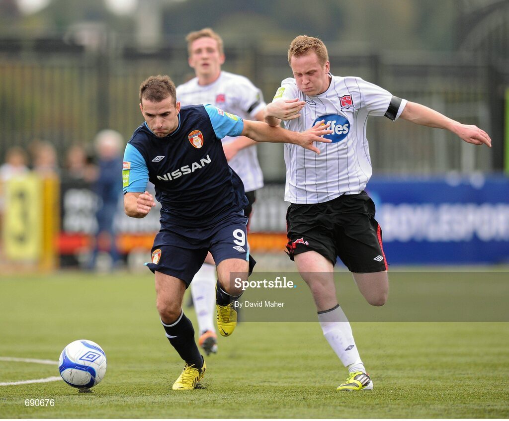 7 October 2012; Christy Fagan, St. Patrick's Athletic, in action against Paul Walsh, Dundalk. FAI Ford Cup semi-final, Dundalk v St Patrick’s Athletic, Oriel Park, Dundalk, Co. Louth.Picture credit: David Maher / SPORTSFILE