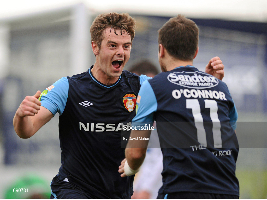 7 October 2012; Greg Bolger, left, St.Patrick's Athletic, celebrates after scoring his side's second goal with team-mate Sean O'Connor. FAI Ford Cup semi-final, Dundalk v St Patrick’s Athletic, Oriel Park, Dundalk, Co. Louth.Picture credit: David Maher / SPORTSFILE