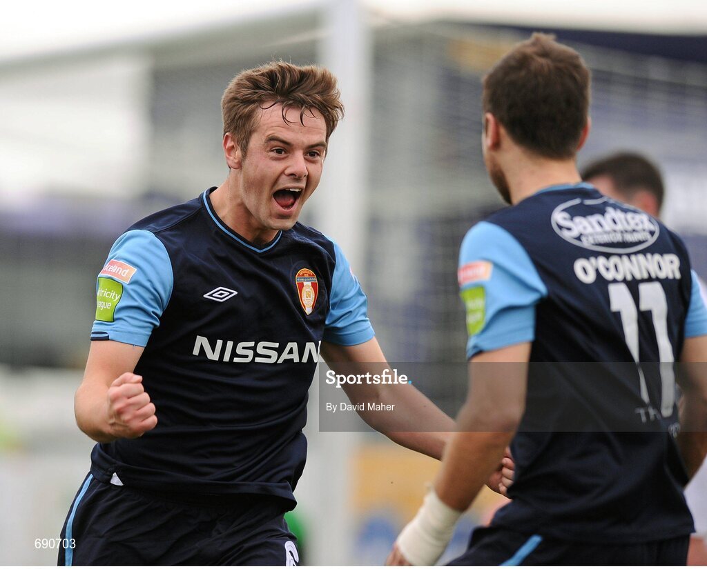 7 October 2012; Greg Bolger, left, St. Patrick's Athletic, celebrates after scoring his side's second goal with team-mate Sean O'Connor. FAI Ford Cup semi-final, Dundalk v St Patrick’s Athletic, Oriel Park, Dundalk, Co. Louth.Picture credit: David Maher / SPORTSFILE
