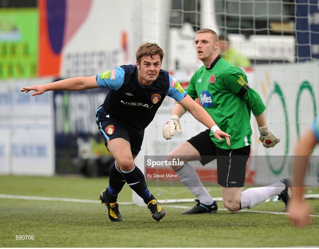 7 October 2012; Greg Bolger, St.Patrick's Athletic, celebrates after scoring his side's second goal. AS Dundalk goalkeeper Peter Cherrie looks on. FAI Ford Cup semi-final, Dundalk v St Patrick’s Athletic, Oriel Park, Dundalk, Co. Louth.Picture credit: David Maher / SPORTSFILE