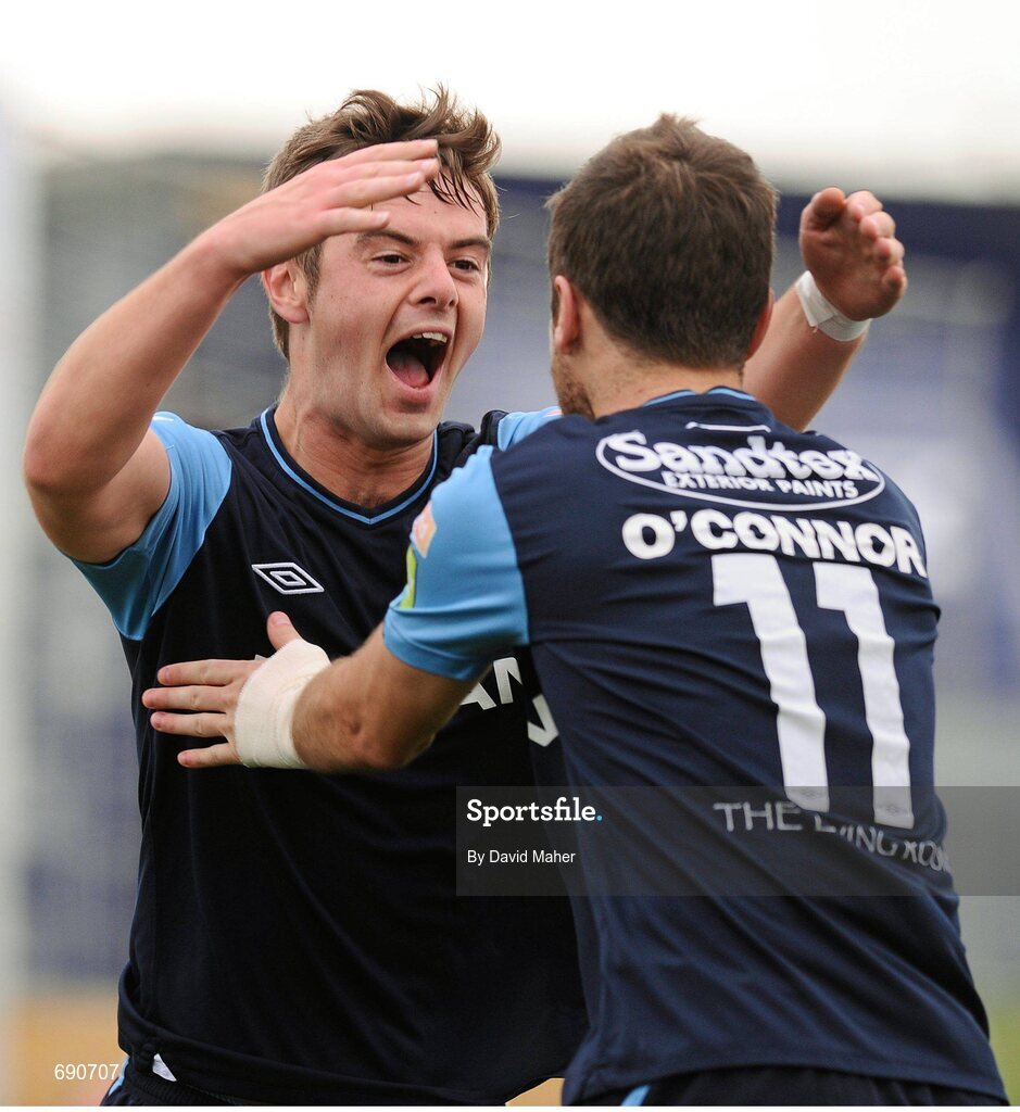 7 October 2012; Greg Bolger, left, St. Patrick's Athletic, celebrates after scoring his side's second goal with team-mate Sean O'Connor. FAI Ford Cup semi-final, Dundalk v St Patrick’s Athletic, Oriel Park, Dundalk, Co. Louth.Picture credit: David Maher / SPORTSFILE