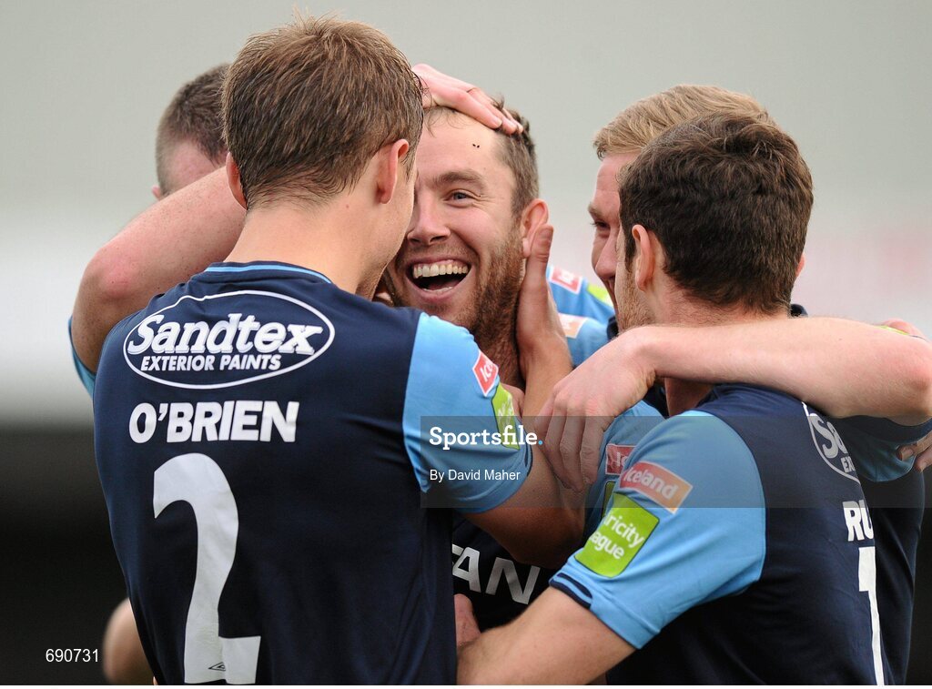 7 October 2012; Sean O'Connor, centre, St.Patrick's Athletic, celebrates after scoring his side's third goal with team-mate's Ger O'Brien, left and Jon Russell, right and Conor Kenna. FAI Ford Cup semi-final, Dundalk v St Patrick’s Athletic, Oriel Park, Dundalk, Co. Louth.Picture credit: David Maher / SPORTSFILE