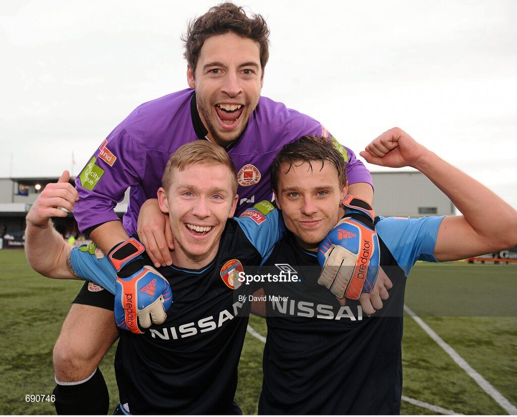 7 October 2012; St. Patrick's Athletic players, left to right, Conor Kenna, Barry Murphy and Ger O'Brien celebrate at the end of the game. FAI Ford Cup semi-final, Dundalk v St Patrick’s Athletic, Oriel Park, Dundalk, Co. Louth.Picture credit: David Maher / SPORTSFILE