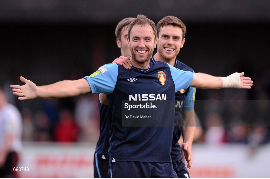 7 October 2012; Sean O'Connor, St.Patrick's Athletic, celebrates after scoring his side's third goal with team-mate John Russell. FAI Ford Cup, Dundalk v St Patrick’s Athletic, Semi-Final, Oriel Park, Dundalk, Co. Louth.Picture credit: David Maher / SPORTSFILE