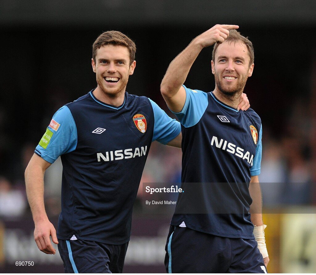 7 October 2012; Sean O'Connor, right, St. Patrick's Athletic, celebrates after scoring his side's third goal with team mate John Russell. FAI Ford Cup semi-final, Dundalk v St Patrick’s Athletic, Oriel Park, Dundalk, Co. Louth.Picture credit: David Maher / SPORTSFILE