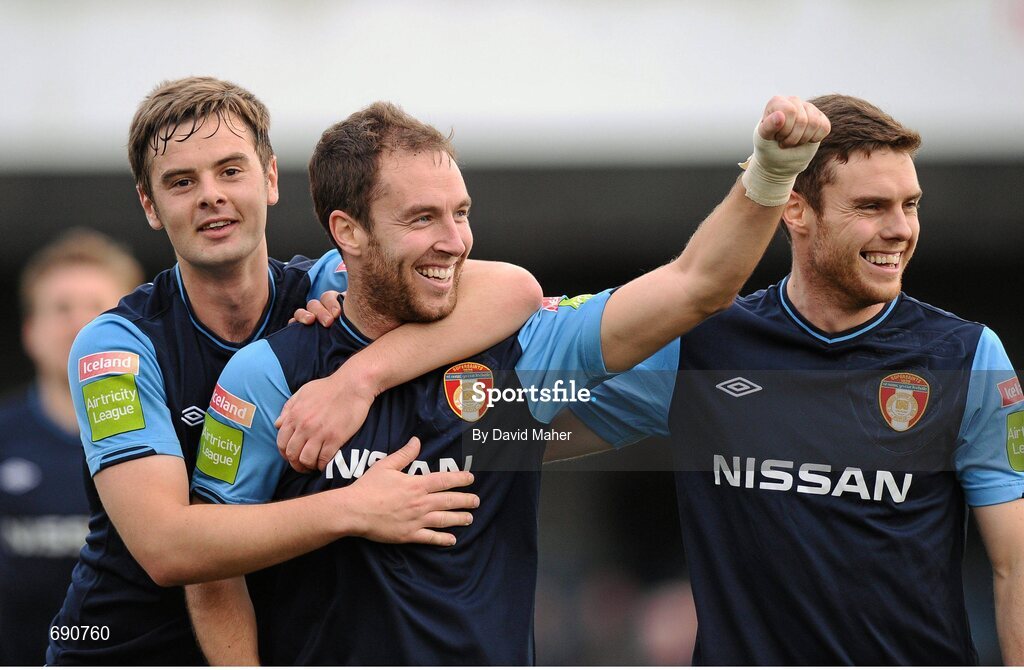 7 October 2012; Sean O'Connor, centre, St. Patrick's Athletic, celebrates after scoring his side's third goal with team-mate's Greg Bolger, left, and John Russell. FAI Ford Cup semi-final, Dundalk v St Patrick’s Athletic, Oriel Park, Dundalk, Co. Louth.Picture credit: David Maher / SPORTSFILE