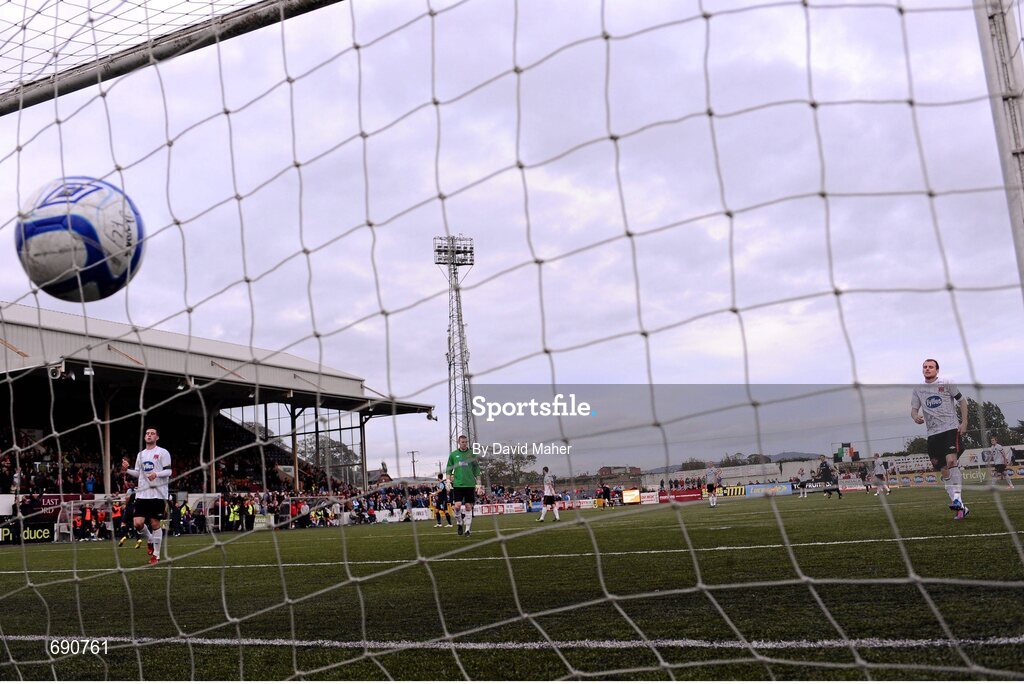 7 October 2012; The ball hits the net for St.Patrick's Athletic, third goal scored by Sean O'Connor. FAI Ford Cup semi-final, Dundalk v St Patrick’s Athletic, Oriel Park, Dundalk, Co. Louth.Picture credit: David Maher / SPORTSFILE