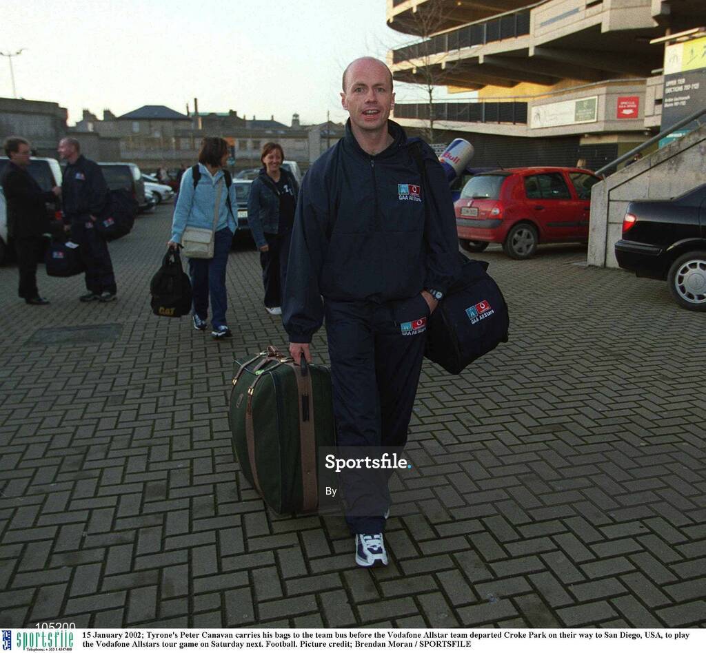 15 January 2002; Tyrone's Peter Canavan carries his bags to the team bus before the Vodafone Allstar team departed Croke Park on their way to San Diego, USA, to play the Vodafone Allstars tour game on Saturday next. Football. Picture credit; Brendan Moran / SPORTSFILE