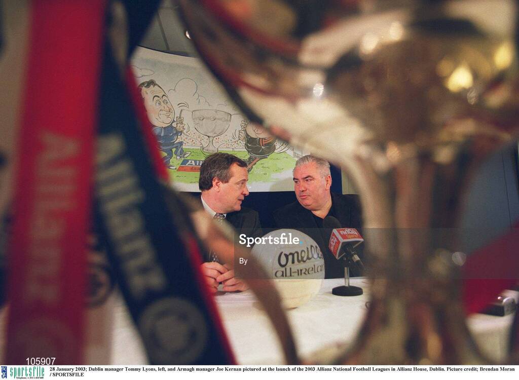 28 January 2003; Dublin manager Tommy Lyons, left, and Armagh manager Joe Kernan pictured at the launch of the 2003 Allianz National Football Leagues in Allianz House, Dublin. Picture credit; Brendan Moran / SPORTSFILE