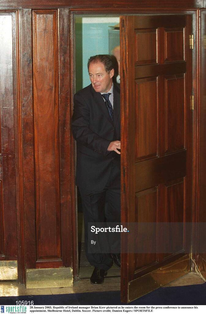 28 January 2003; Republic of Ireland manager Brian Kerr pictured as he enters the room for the press conference to announce his appointment. Shelbourne Hotel, Dublin. Soccer. Picture credit; Damien Eagers / SPORTSFILE