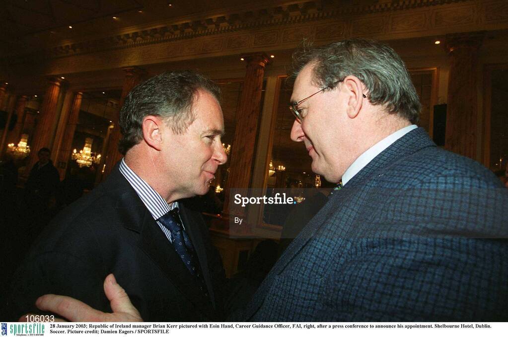 28 January 2003; Republic of Ireland manager Brian Kerr pictured with Eoin Hand, Career Guidance Officer, FAI, right, after a press conference to announce his appointment. Shelbourne Hotel, Dublin. Soccer. Picture credit; Damien Eagers / SPORTSFILE