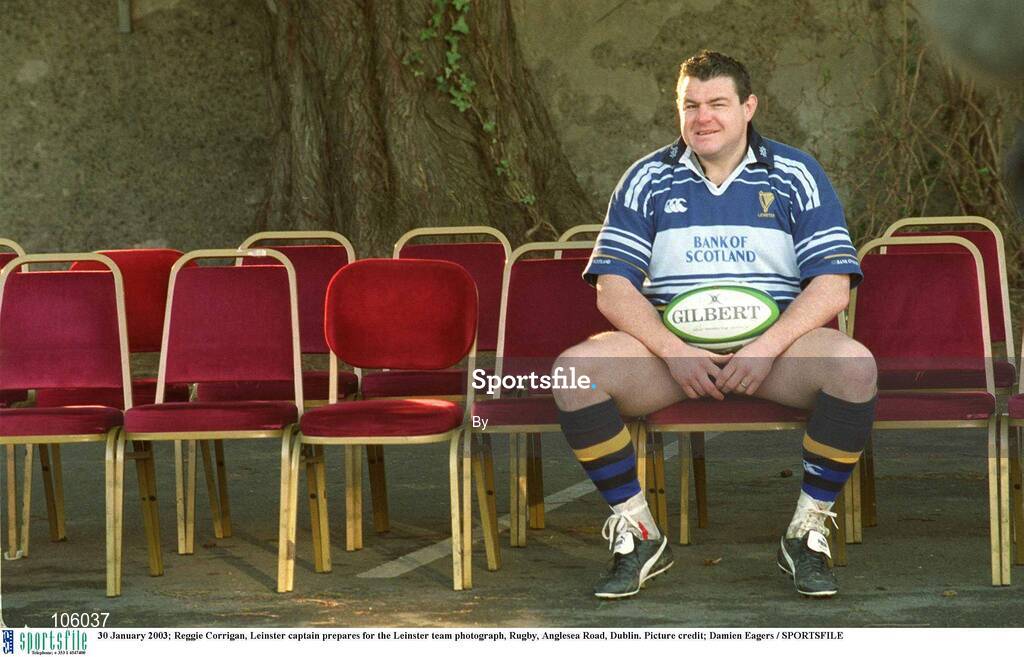 30 January 2003; Reggie Corrigan, Leinster captain prepares for the Leinster team photograph, Rugby, Anglesea Road, Dublin. Picture credit; Damien Eagers / SPORTSFILE