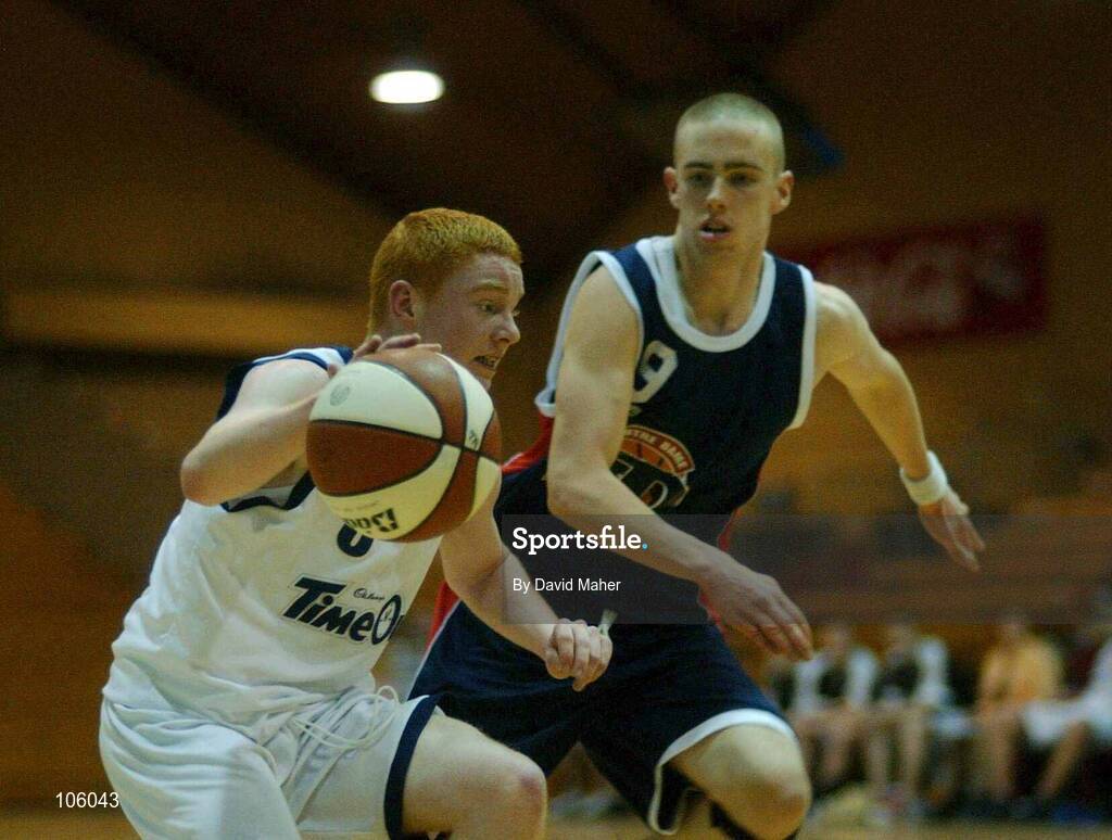 31 January 2003; Johnny Kelly, Castlebar, in action against Ian O'Boyle, Delta Notre Dame. Castlebar v Delta Notre Dame, ESB National Cup 2003 Junior men semi-final, ESB Arena, Tallaght, Co. Dublin. Picture credit; David Maher / SPORTSFILE *EDI*