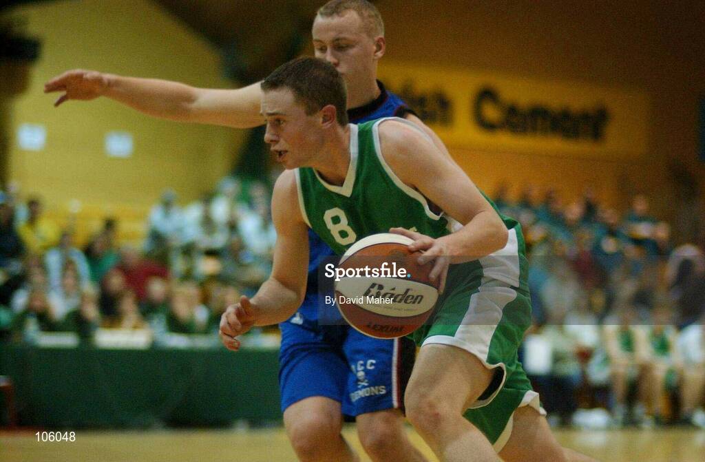 31 January 2003; Sean Carroll, St. Brendan's, in action against Stuart Rodgers, Mardyke UCC Demons. Mardyke UCC Demons v St.Brendan's. Mardyke UCC Demons v St. Brendan's, ESB National Cup 2003 Junior men semi-final, ESB Arena, Tallaght, Co. Dublin. Picture credit; David Maher / SPORTSFILE *EDI*