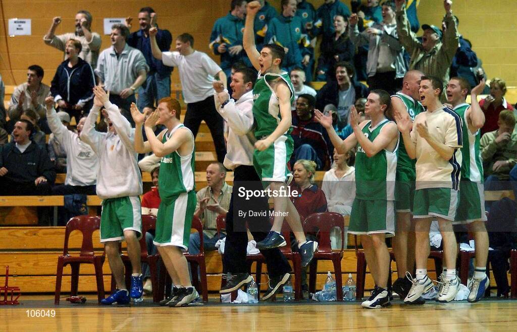 31 January 2003; St. Brendan's players celebrate at the end of the game after victory over Mardyke UCC Demons. Mardyke UCC Demons v St. Brendan's, ESB National Cup 2003 Junior men semi-final, ESB Arena, Tallaght, Co. Dublin. Picture credit; David Maher / SPORTSFILE *EDI*