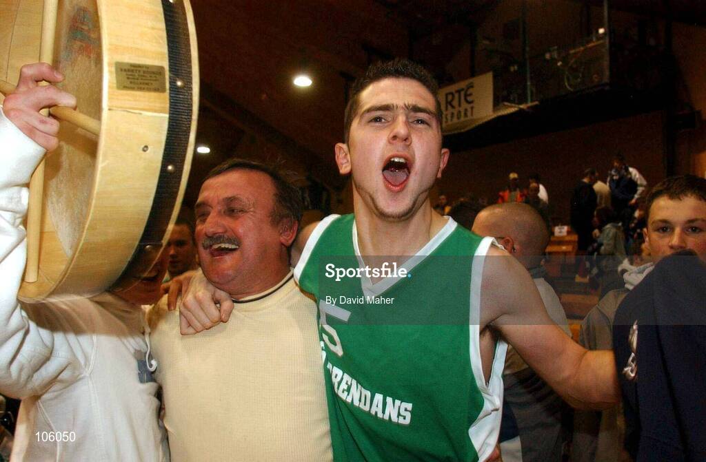 31 January 2003; Steven Callaghan, right, St. Brendan's, celebrates with assistant coach Charles O'Sullivan at the end of the game. Mardyke UCC Demons v St. Brendan's, ESB National Cup 2003 Junior men semi-final, ESB Arena, Tallaght, Co. Dublin. Picture credit; David Maher / SPORTSFILE *EDI*