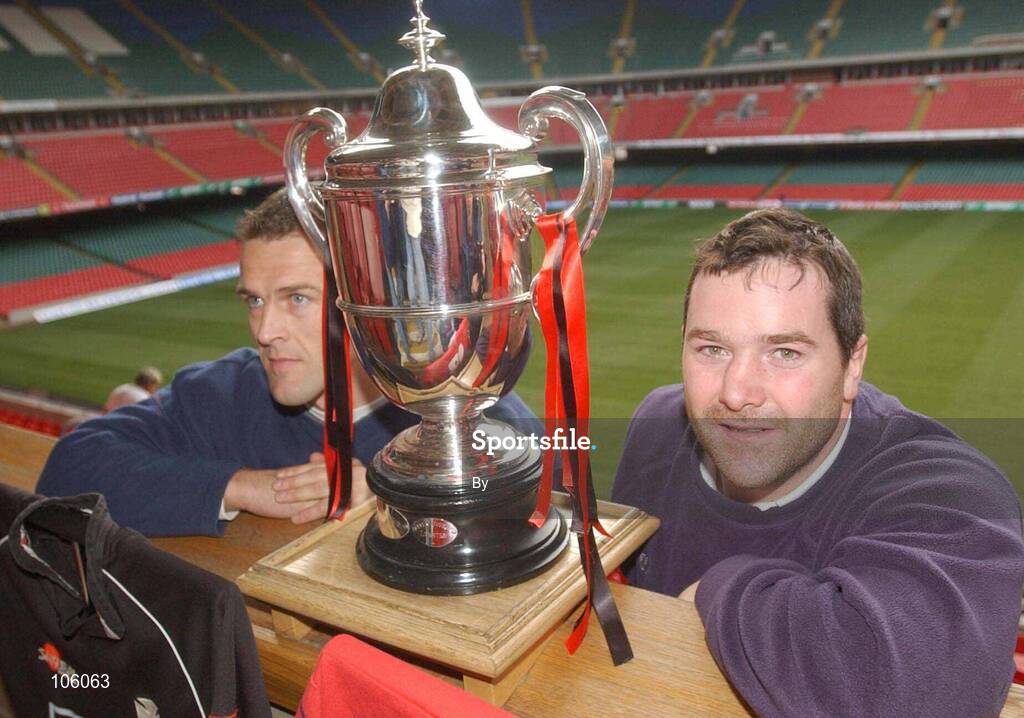 31 January 2003; Neaths Gareth Llewellyn, left, and Munsters Anthony Foley with the Celtic league trophy pictured in The Millenium Stadium, Cardiff, Wales. Rugby. Picture credit; Brian Lawless / SPORTSFILE *EDI*