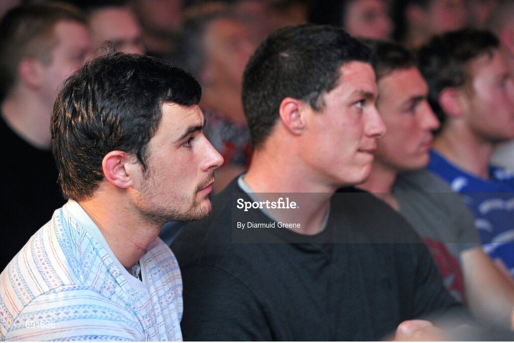 10 October 2012; Munster rugby players Felix Jones, left, Ian Nagle, centre, and Tommy O'Donnell during an audience with Mike Tyson. Thomond Park, Limerick. Picture credit: Diarmuid Greene / SPORTSFILE