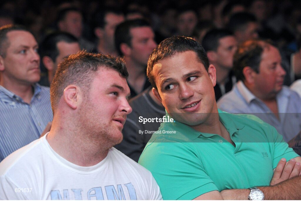 10 October 2012; Munster rugby players Dave Kilcoyne, left, and Wian du Preez during an audience with Mike Tyson. Thomond Park, Limerick. Picture credit: Diarmuid Greene / SPORTSFILE