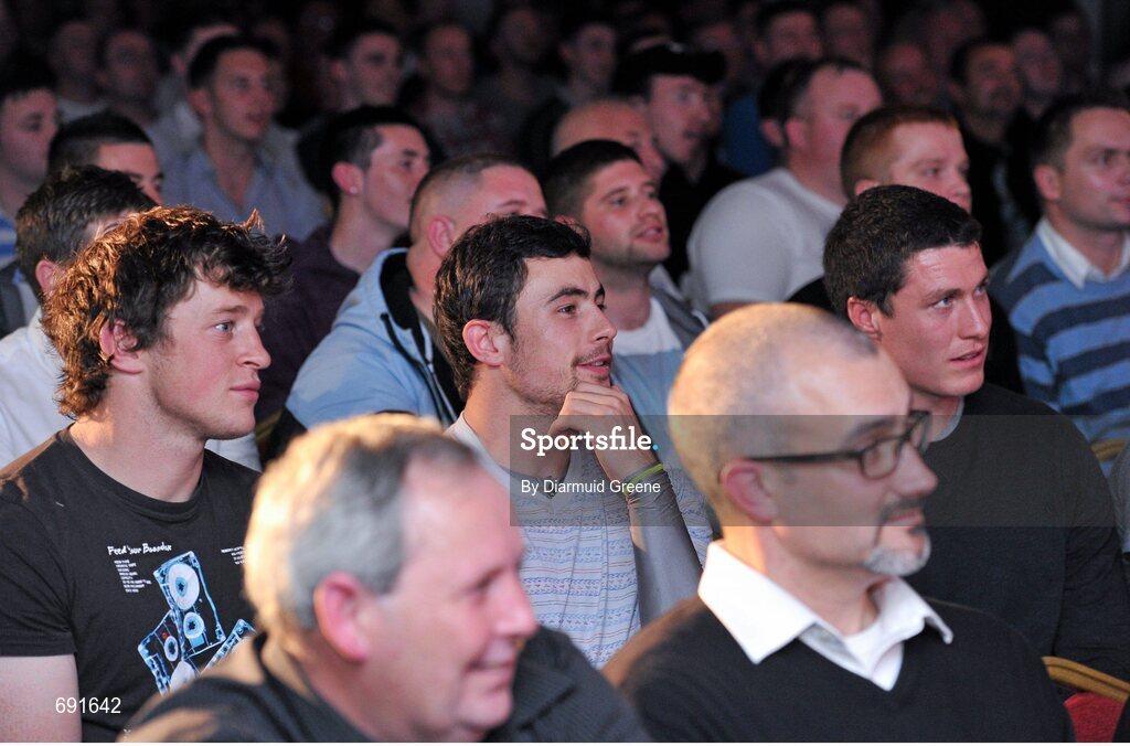 10 October 2012; Munster rugby players Barry O'Mahony, left, Felix Jones, centre, and Ian Nagle during an audience with Mike Tyson. Thomond Park, Limerick. Picture credit: Diarmuid Greene / SPORTSFILE