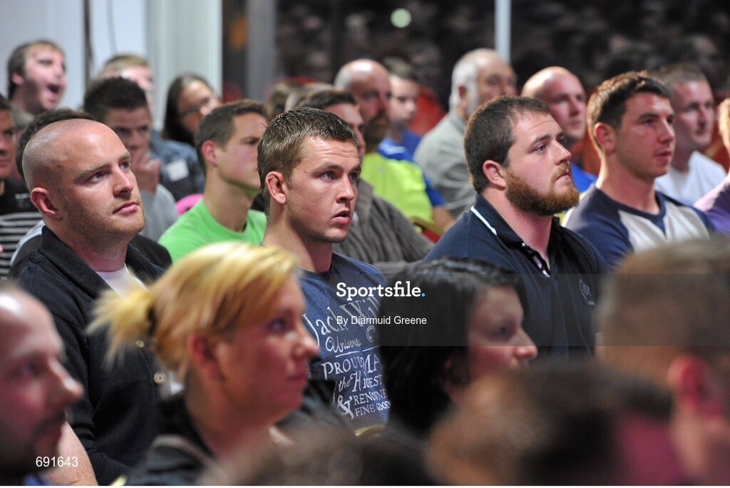 10 October 2012; Munster rugby players, from left to right, Sean Henry, Dave Foley, Alan Cotter and Paddy Butler during an audience with Mike Tyson. Thomond Park, Limerick. Picture credit: Diarmuid Greene / SPORTSFILE