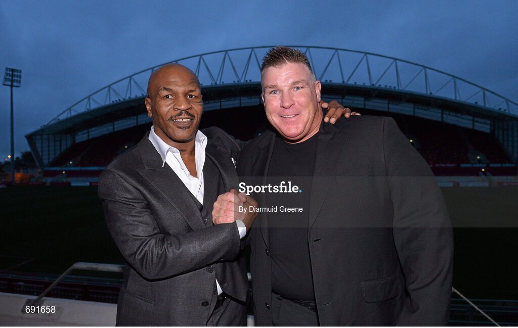 10 October 2012; Former undisputed heavyweight boxing champion Mike Tyson with former Irish heavyweight boxer Joe Egan. Thomond Park, Limerick. Picture credit: Diarmuid Greene / SPORTSFILE