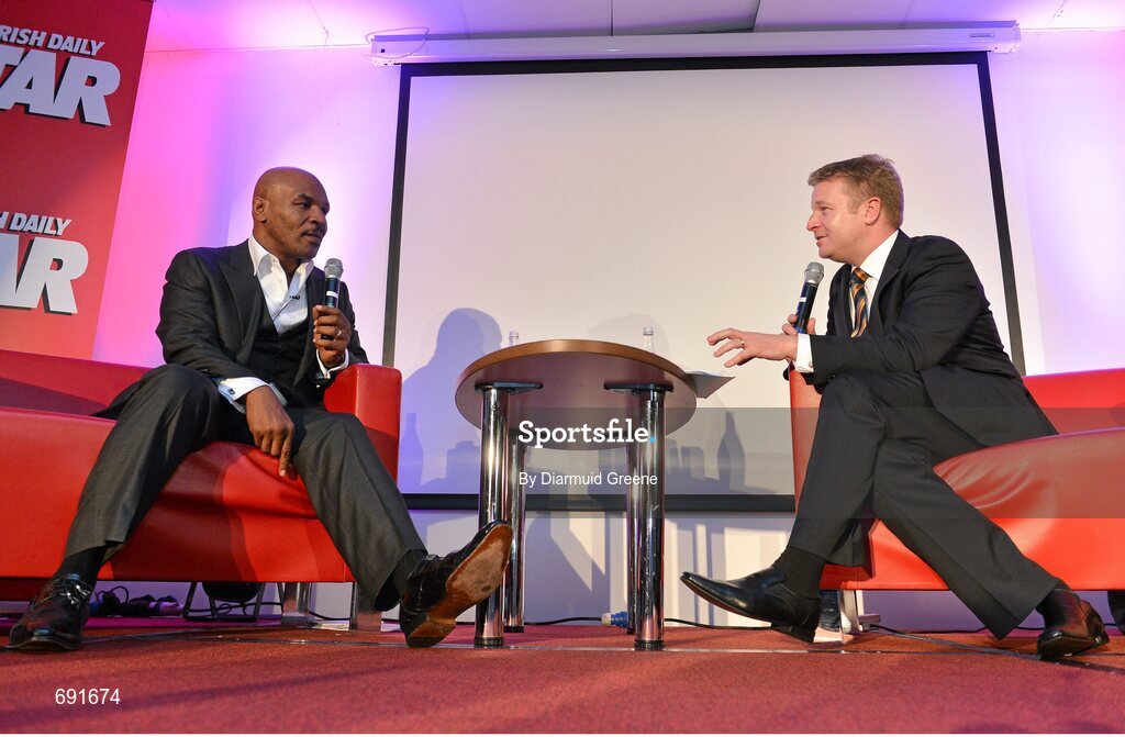 10 October 2012; Former undisputed heavyweight boxing champion Mike Tyson with interviewer Darragh Maloney. Thomond Park, Limerick. Picture credit: Diarmuid Greene / SPORTSFILE