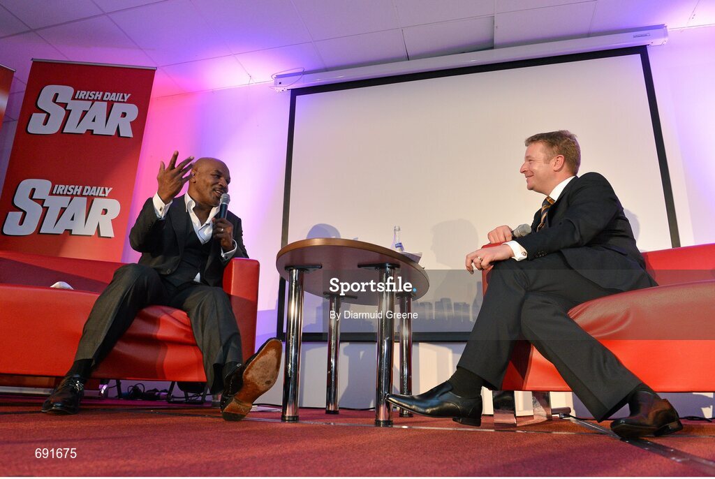 10 October 2012; Former undisputed heavyweight boxing champion Mike Tyson with interviewer Darragh Maloney. Thomond Park, Limerick. Picture credit: Diarmuid Greene / SPORTSFILE