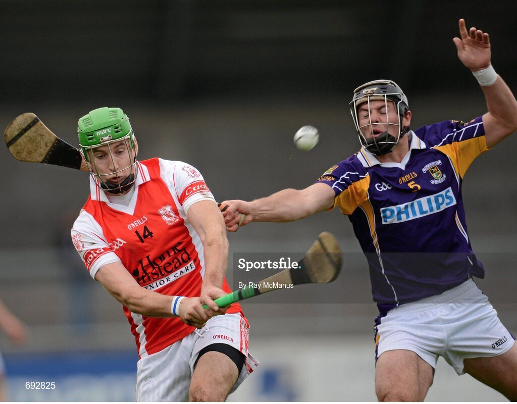 14 October 2012; Brian Fitzgerald, Cuala, in action against Bill O'Carroll, Kilmacud Crokes. Dublin County Senior Hurling Championship Final, Cuala v Kilmacud Crokes, Parnell Park, Dublin. Picture credit: Ray McManus / SPORTSFILE