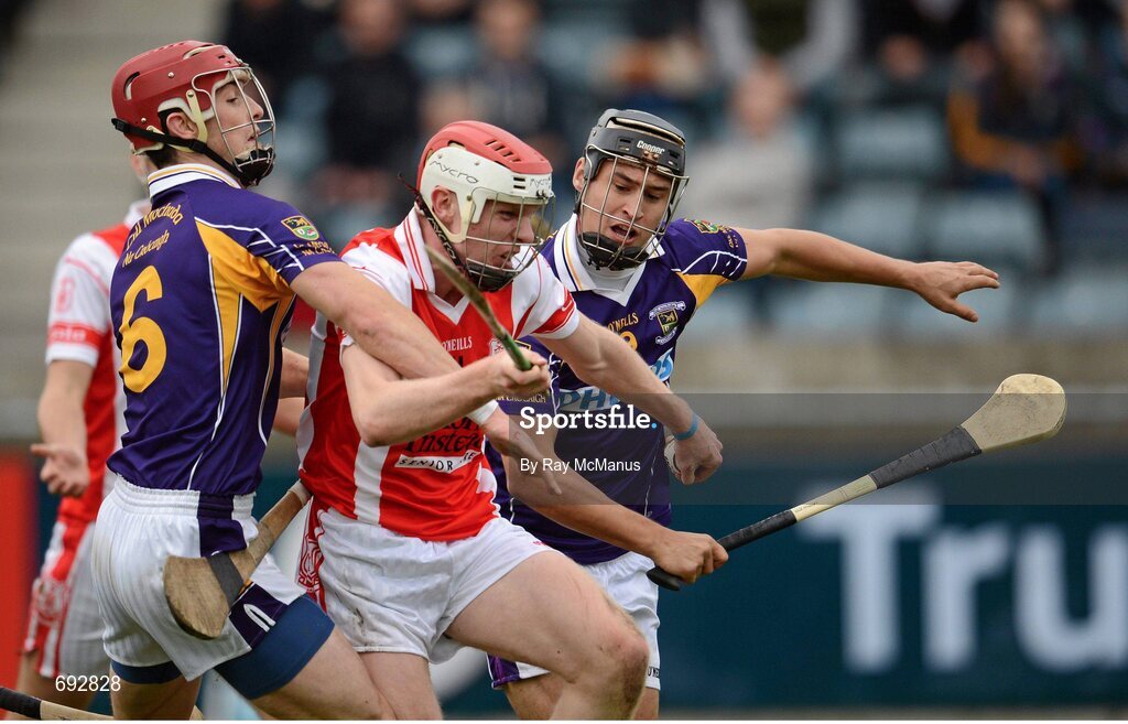 14 October 2012; Colm Cronin, Cuala, in action against Rory O'Carroll, 6, and Ronan Walsh, Kilmacud Crokes. Dublin County Senior Hurling Championship Final, Cuala v Kilmacud Crokes, Parnell Park, Dublin. Picture credit: Ray McManus / SPORTSFILE