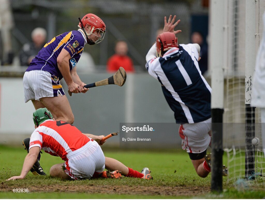 14 October 2012; Barry O'Rorke, Kilmacud Crokes, scores his side's first goal despite the attempts of Cuala goalkeeper Sean Brennan, right, and Simon Timlin. Dublin County Senior Hurling Championship Final, Cuala v Kilmacud Crokes, Parnell Park, Dublin. Picture credit: Dáire Brennan / SPORTSFILE