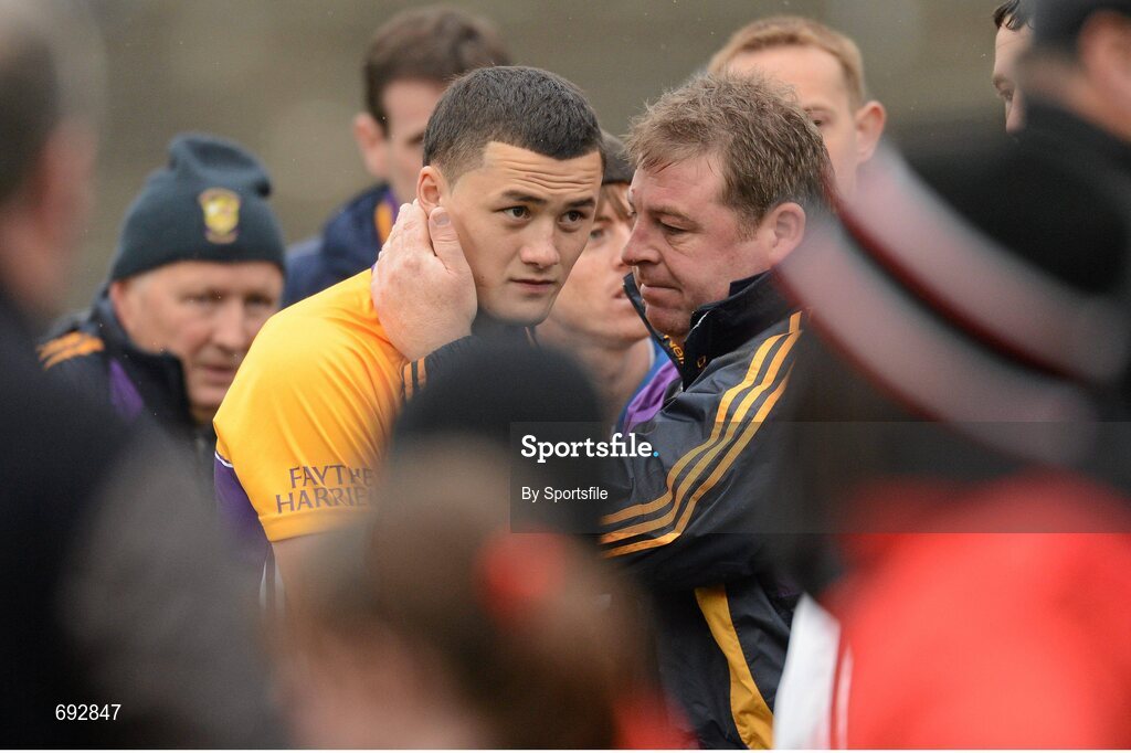 14 October 2012; A dejected Lee Chin, Faythe Harriers, with manager Iggy Clarke after the game. Wexford County Senior Hurling Championship Final, Oulart-the-Ballagh v Faythe Harriers, Wexford Park, Wexford. Photo by Sportsfile