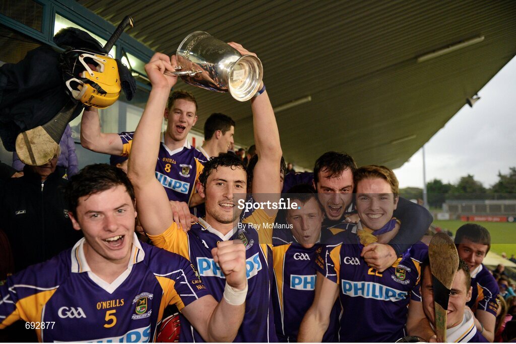 14 October 2012; Kilmacud Crokes captain Ross O'Carroll and his team mates, from left, Bill O'Carroll, Conor Clinton, Dillon Mulligan, Ryan O'Dwyer, Kevin OLoughlin, Ronan Walsh and Brian Hanamy celebrate with the cup. Dublin County Senior Hurling Championship Final, Cuala v Kilmacud Crokes, Parnell Park, Dublin. Picture credit: Ray McManus / SPORTSFILE