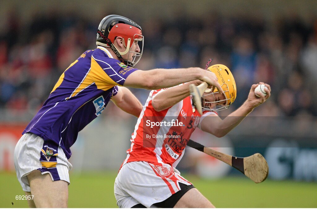 14 October 2012; Cian Waldron, Cuala, in action against Niall Corcoran, Kilmacud Crokes. Dublin County Senior Hurling Championship Final, Cuala v Kilmacud Crokes, Parnell Park, Dublin. Picture credit: Dáire Brennan / SPORTSFILE