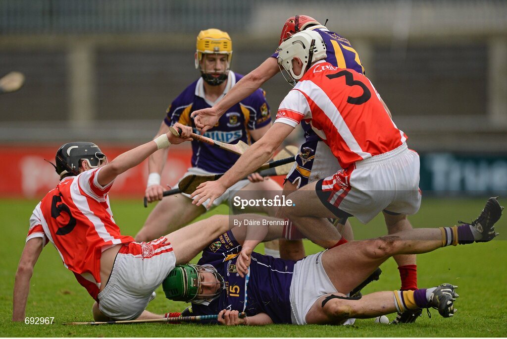 14 October 2012; Seán McGrath, 15, Conor Clinton, 8, and Barry O'Rorke, Kilmacud Crokes, in action against Seán Moran, left, and Paul Schutte, Cuala. Dublin County Senior Hurling Championship Final, Cuala v Kilmacud Crokes, Parnell Park, Dublin. Picture credit: Dáire Brennan / SPORTSFILE