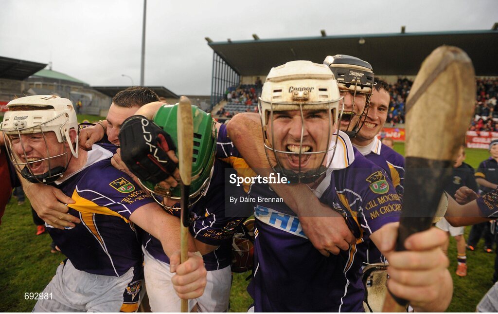 14 October 2012; Kilmacud Crokes players, left to right, Jack Doughan, Niall Corcoran, Seán McGrath, Robert O'Loughlin, Jude Sweeney, and Ronan Walsh, celebrate after the game. Dublin County Senior Hurling Championship Final, Cuala v Kilmacud Crokes, Parnell Park, Dublin. Picture credit: Dáire Brennan / SPORTSFILE