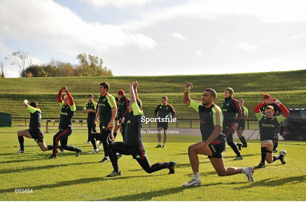 17 October 2012; A general view of Munster players warming up during squad training ahead of their side's Heineken Cup, Pool 1, Round 2, game against Edinburgh on Sunday. Munster Rugby Squad Training, University of Limerick, Limerick. Picture credit: Diarmuid Greene / SPORTSFILE