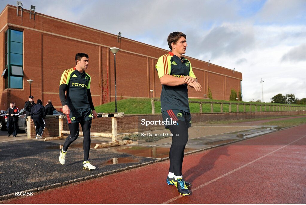 17 October 2012; Munster's Ian Keatley and Felix Jones, left, make their way out for squad training ahead of their side's Heineken Cup, Pool 1, Round 2, game against Edinburgh on Sunday. Munster Rugby Squad Training, University of Limerick, Limerick. Picture credit: Diarmuid Greene / SPORTSFILE
